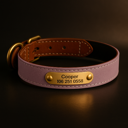 Collier-cuir-chien-personnalise-rose