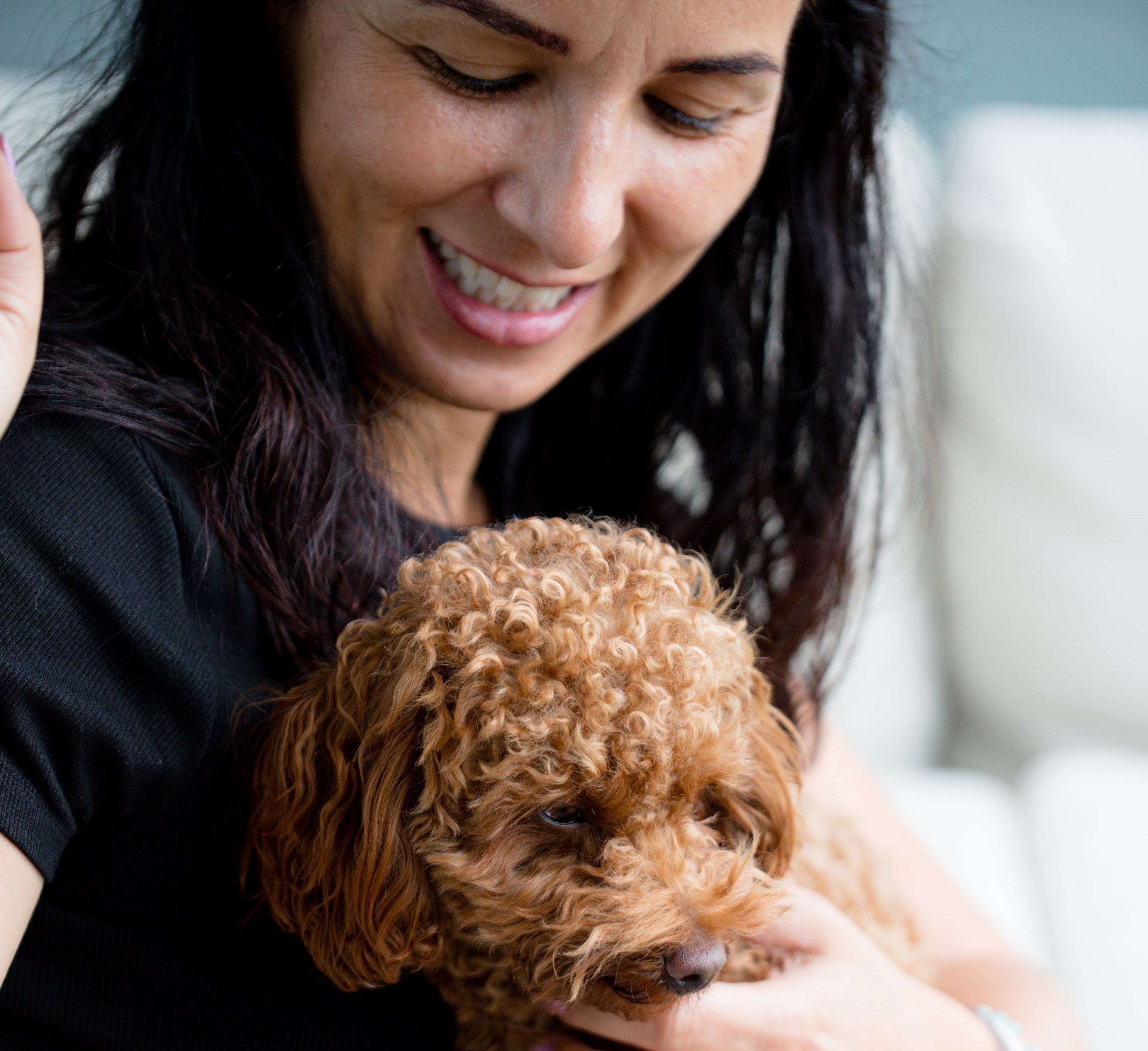 Femme-souriante-tenant-un-petit-caniche-caramel-dans-ses-bras