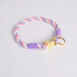 Collier chien corde violet et blanc avec boucle dorée 