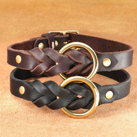 collier chien tressé en cuir double noir marron