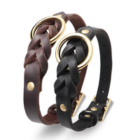 collier chien tressé en cuir élégant noir et marron