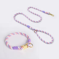 Collier en corde pour chien rose et violet pastel avec laisse