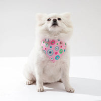 Collier petit chien avec bandana rose fleuri pour look tendance sur chien blanc