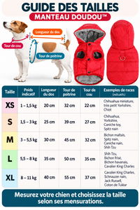 Guide des tailles du manteau DOUDOU : mesures du dos, de la poitrine et du cou, du XS au XL.